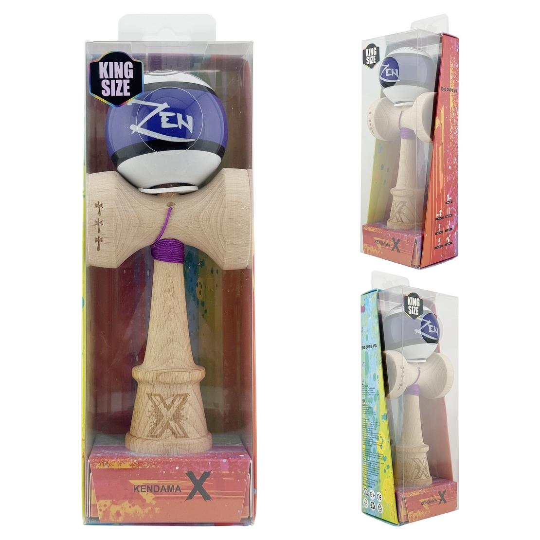 Kendama X Zen Series Originala, Profesionala, Flippy, Cupe Mari KING SIZE V3, Super Sticky, Gaura in Baza, Rulment Metalic, din lemn 18 cm, Ata 62/65 cm, Violet