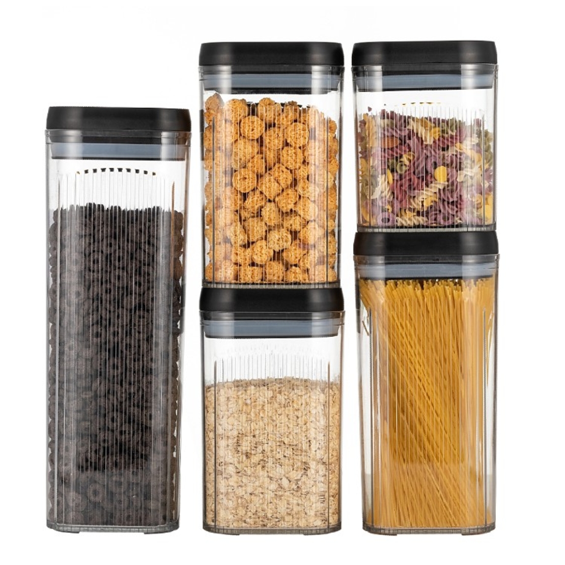 Cutii de Depozitare Alimente, Flippy, Set din 5 Cutii de tip Container, Recipiente pentru Cereale in Bucatarie, Transparente cu Capac Negru