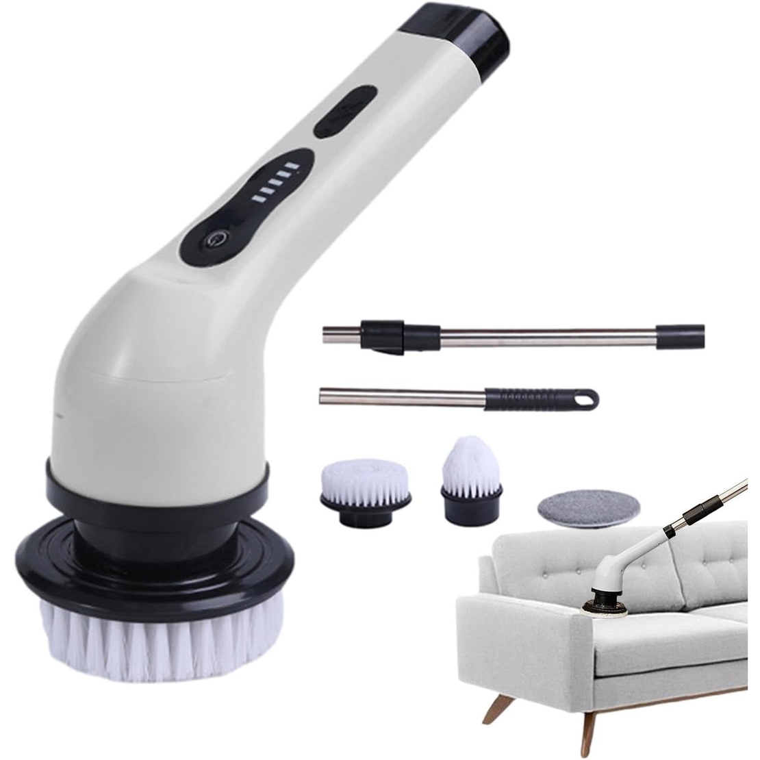 Perie Electrica de Curatare, Flippy, pentru Gresie, Baie, Bucatarie, 25x20x9.5 cm, cu 6 Capete, Maner Extensibil Detasabil 84-127cm, Incarcare USB-Type C, Rotire 360 de Grade, 3000 mAh, Culoare: Alb