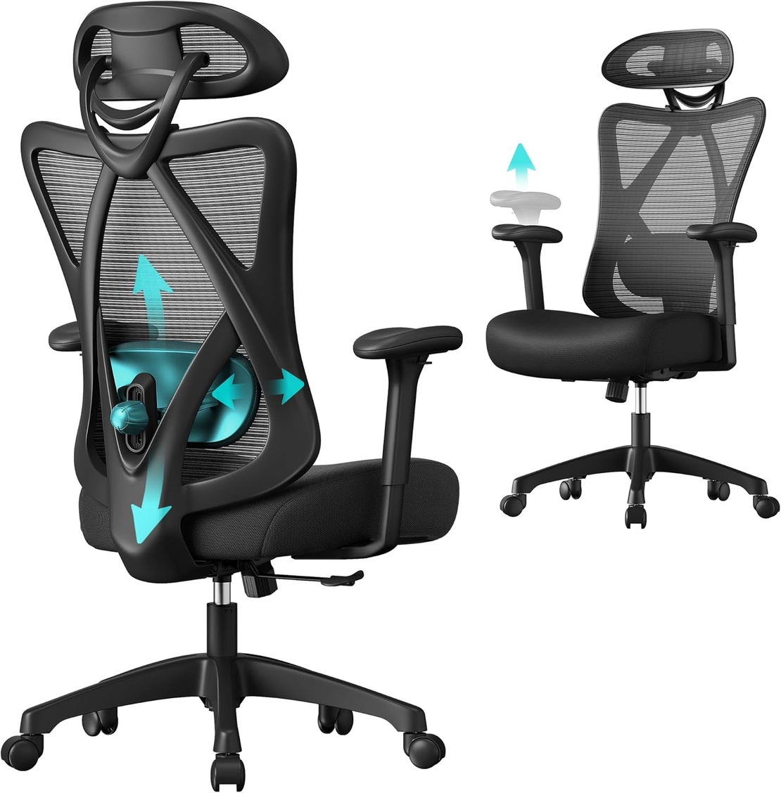 SONGMICS Scaun de birou ergonomic reglabil cu suport lombar si tetiera, maxim 120 kg, 70x70x125 cm, negru