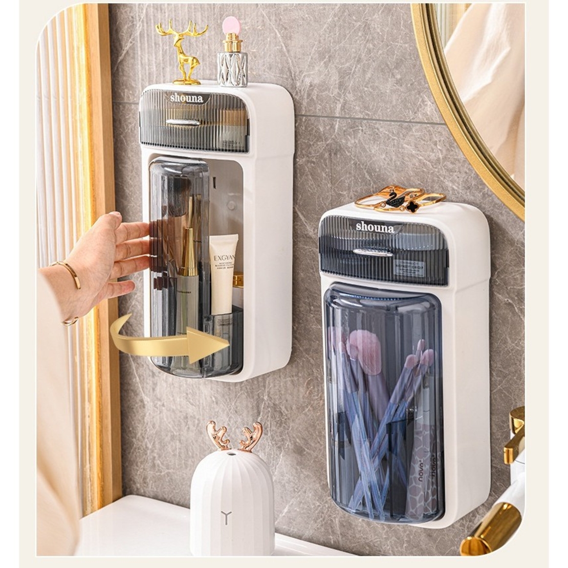 Organizator Baie, Flippy, 4 Compartimente si 1 Sertar, Rotire 360 Grade, din PP+PET, 27.5 x 16 x 11 cm, Albastru