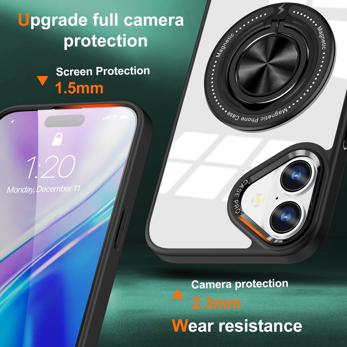 Husa de Protectie TPU, Vafy, pentru iPhone 16, Anticadere, cu Incarcare Wireless, Tehnologie Magsafe, Inel Magnetic Rotativ cu Functie de Suport, Transparent-Negru
