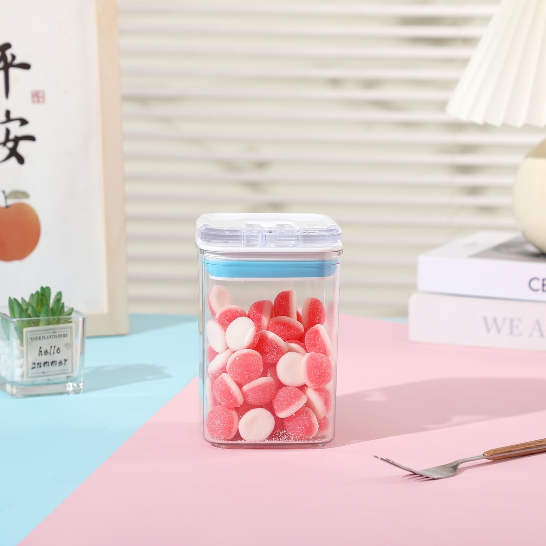 Cutie de Depozitare Alimente, Flippy, tip Container, 0.8L, 10x10x15.5 cm, Recipiente pentru Cereale in Bucatarie, Transparente cu Capac Alb-Albastru