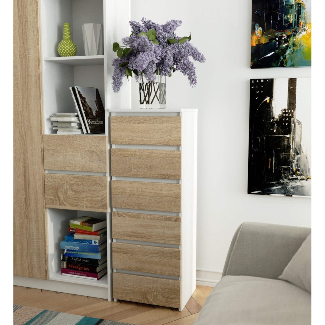 Comoda cu 6 sertare, PAL laminat 16 mm, 40x35x109 cm, alb si stejar sonoma