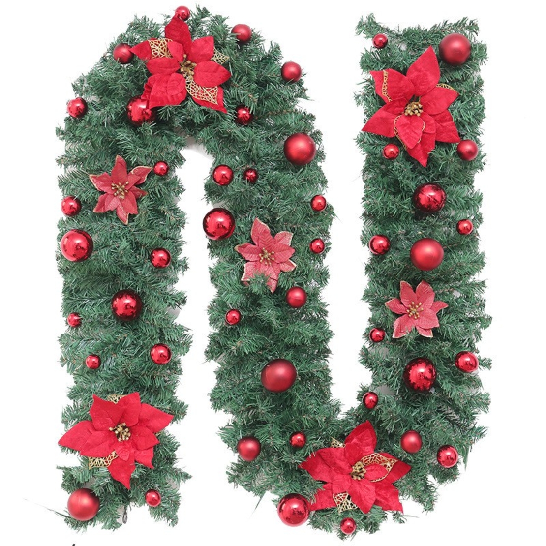 Ghirlanda decorativa Craciun cu Globuri si funde rosii, Flippy, 2,70 m, Verde