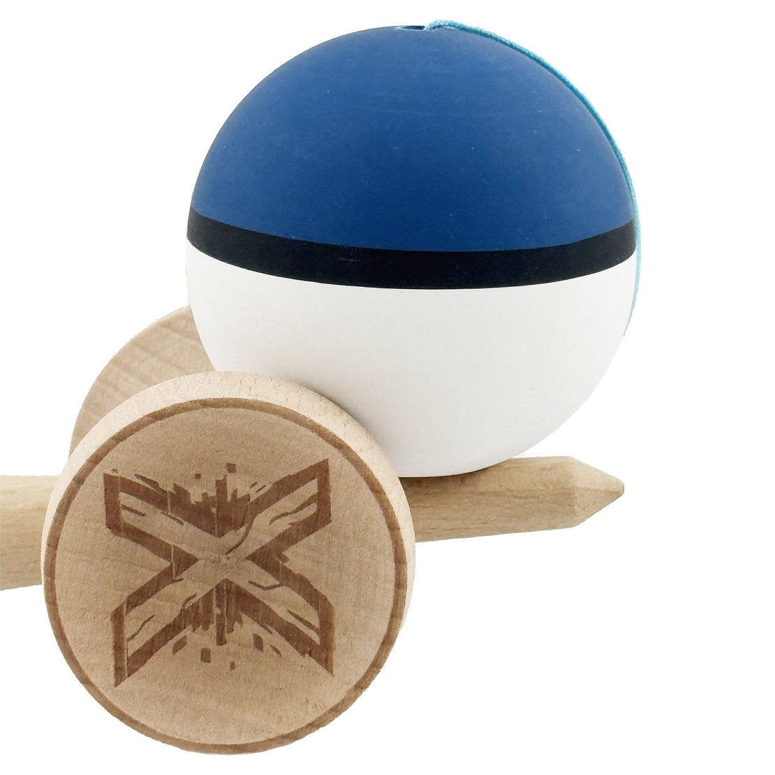 Kendama X Originala, Profesionala, Flippy, Cupe Mari KING SIZE V3, Rubber Grip, Gaura in Baza, Rulment Metalic, din lemn 18 cm, Ata 62/65 cm, S Bicolor Albastru inchis/Alb