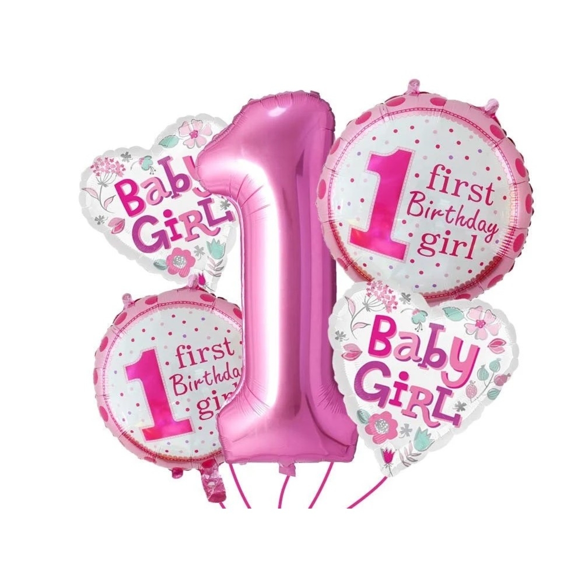 Balon din Folie Metalizata, Vafy, Prima Aniversare, Model First Birthday Girl, 45 cm, Ambalaj Individual, Pai Inclus, Umflare cu Aer sau Heliu, Roz