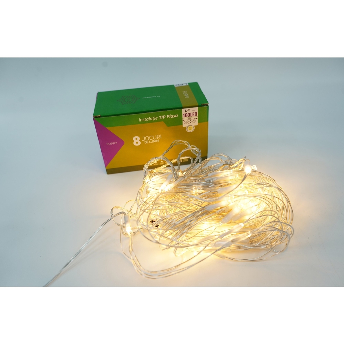 Sectiune Instalatie de Craciun Vafy, Tip Plasa, 160 LED-uri, 3 m x 1 m, 8 jocuri de lumini, Interconectabila, Fir transparent, Alb cald