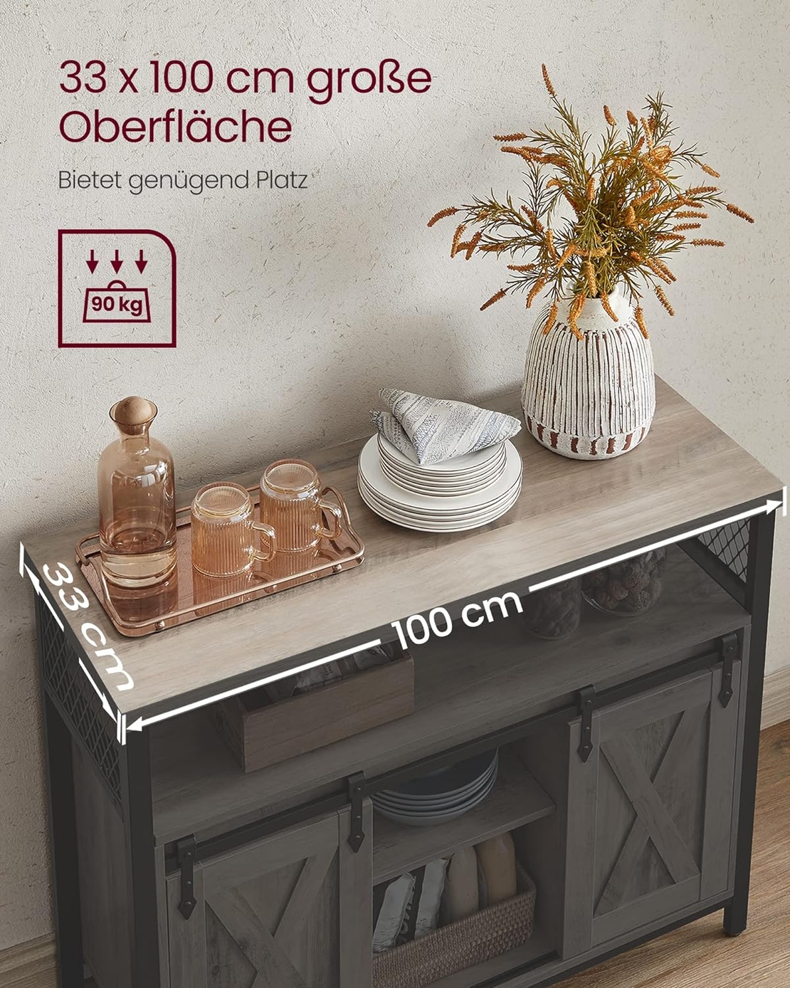 VASAGLE Comoda pentru living sau bucatarie, cu 2 usi glisante, rafturi reglabile, stil rustic, 33x100x80cm, gri