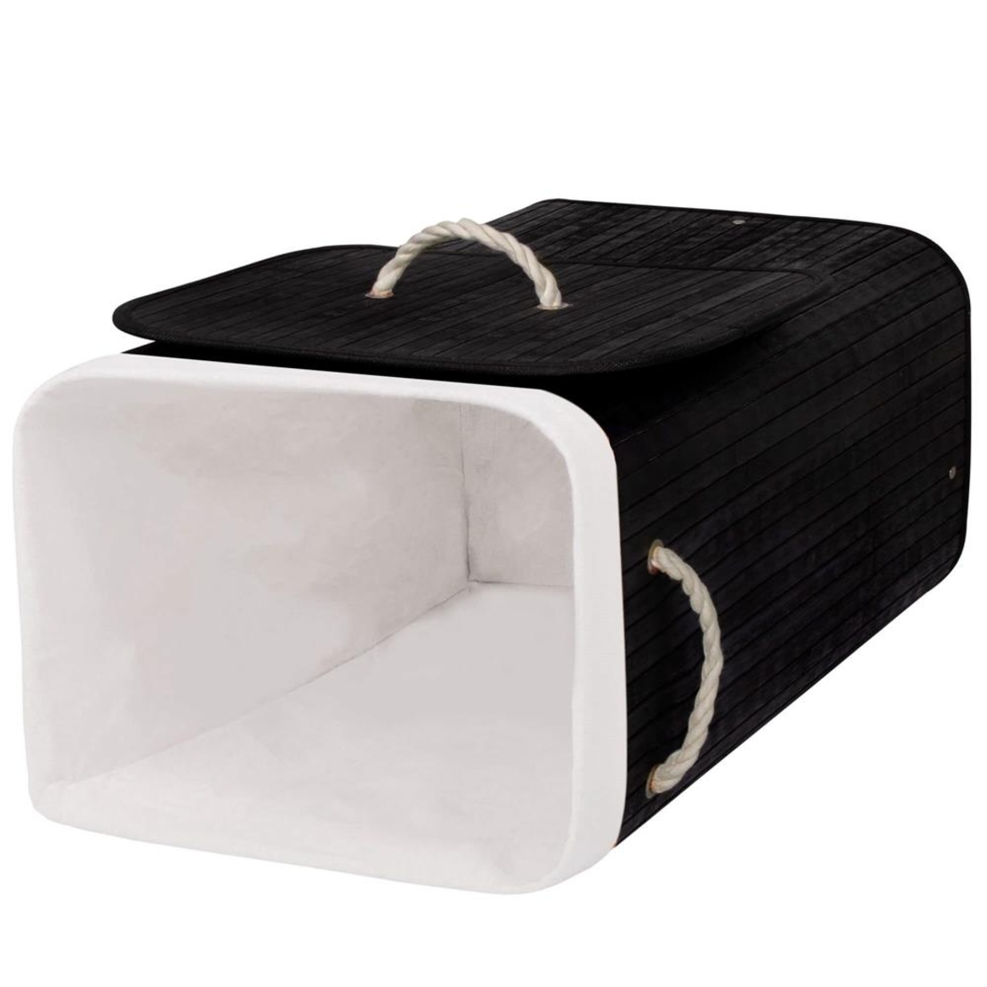 Cos de rufe cu capac, din bambus cu sac textil detasabil, 72 litri, 40x30x60 cm, negru