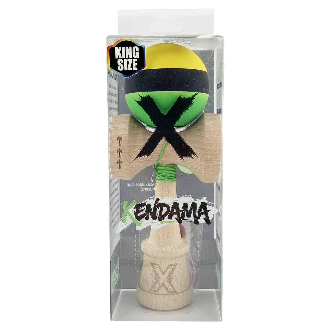Kendama X Originala, Profesionala, Flippy, Cupe Mari KING SIZE V3, Rubber Grip, Gaura in Baza, Rulment Metalic, din lemn 18 cm, Ata 62/65 cm, M Galben/Negru/Verde