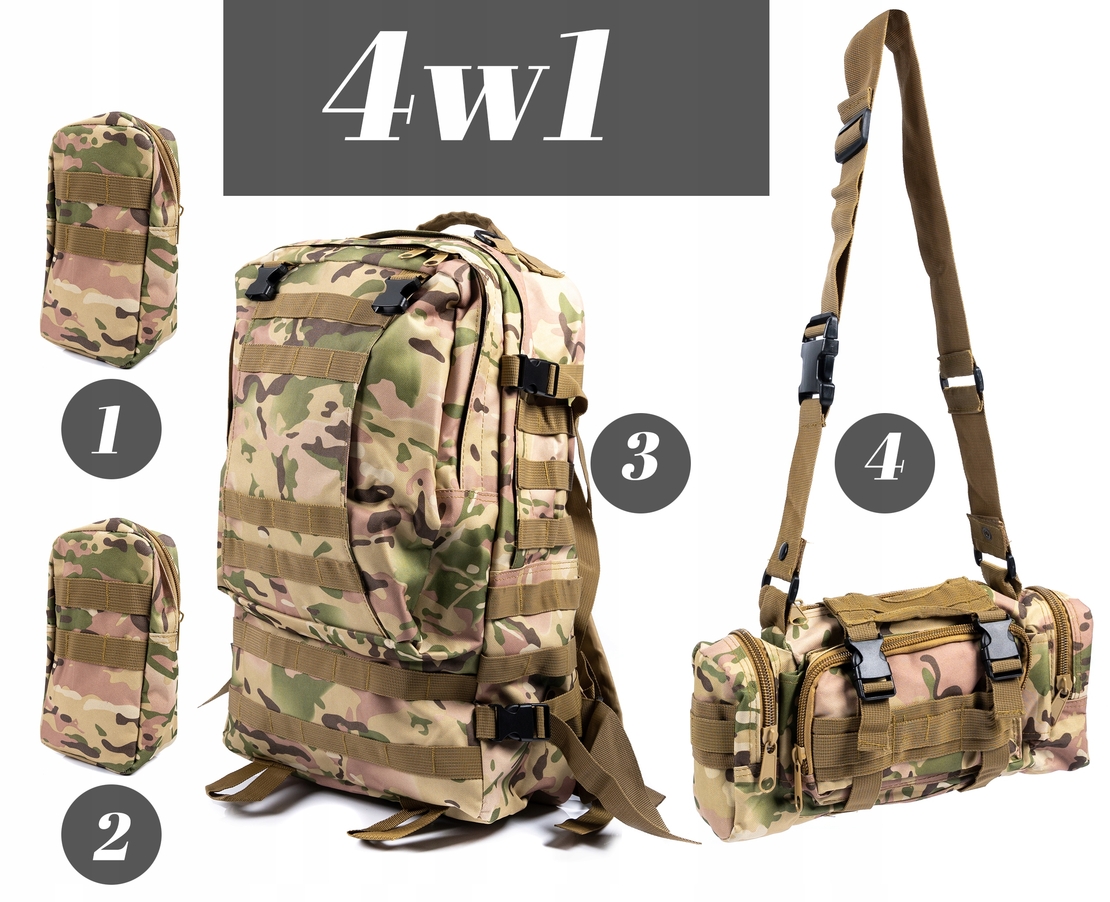 Rucsac militar pentru drumetie, impermeabil, ultra usor, 4 in 1, 50litri, culoare combat camuflaj