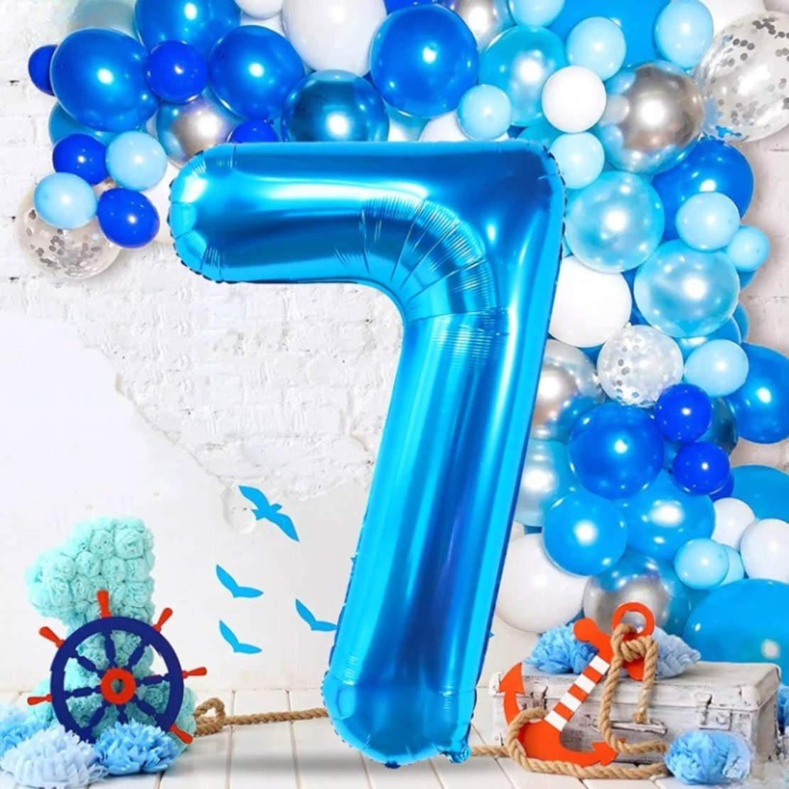 Balon din Folie Metalizata Flippy, Figurina Cifra, Tema Aniversare 40 cm, Ambalaj Individual, Pai inclus, Umflare cu Aer sau Heliu, Albastru, Cifra 7