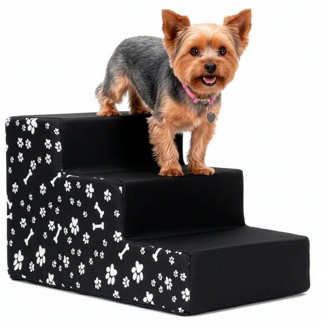 Scara pentru animale de companie, caini sau pisici, 3 trepte, antiderapanta, husa detasabila, inaltime 30 cm, negru cu decor alb