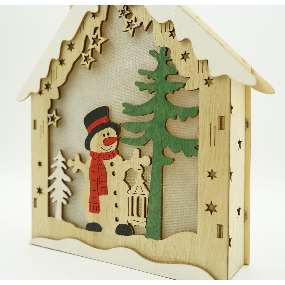 Decoratiune luminoasa, model de Casa cu Om de zapada, maro, lungime: 18 cm, latime: 5 cm, inaltime: 21 cm, lemn, interior/exterior