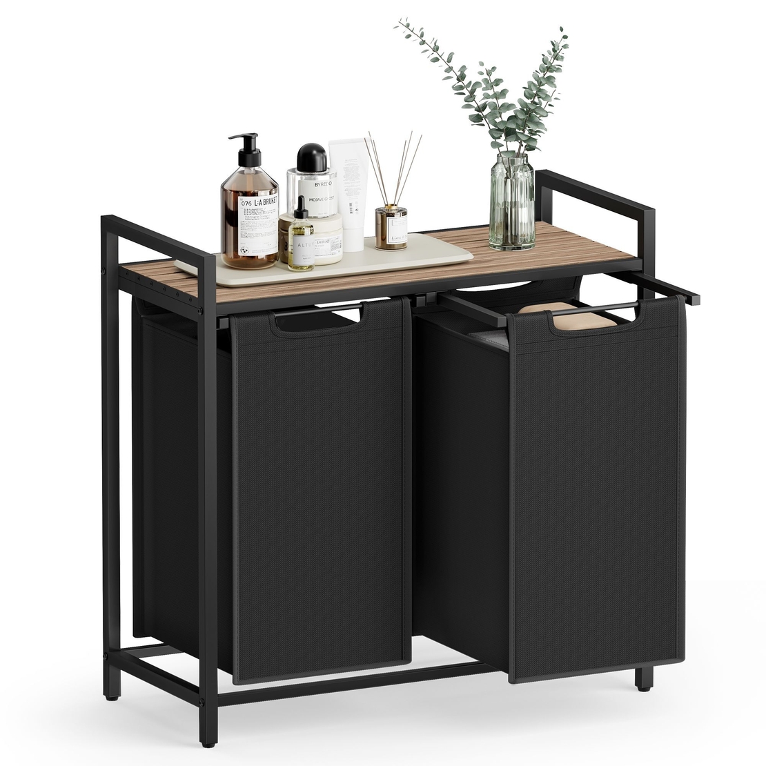 VASAGLE Cos de rufe, 2 compartimente, saci de rufe detasabili, raft, cadru metalic, 2x46L, 73x33x72 cm, maro si negru
