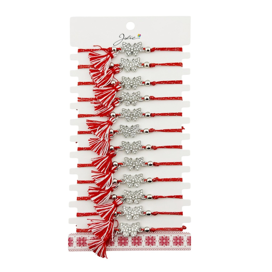 Martisor Bratara cu Ciucure pentru Dama, Jolie, Model Fluture cu Pietre, Set 12 bucati, Pandativ din Inox, Snur Reglabil, Rosu/Alb