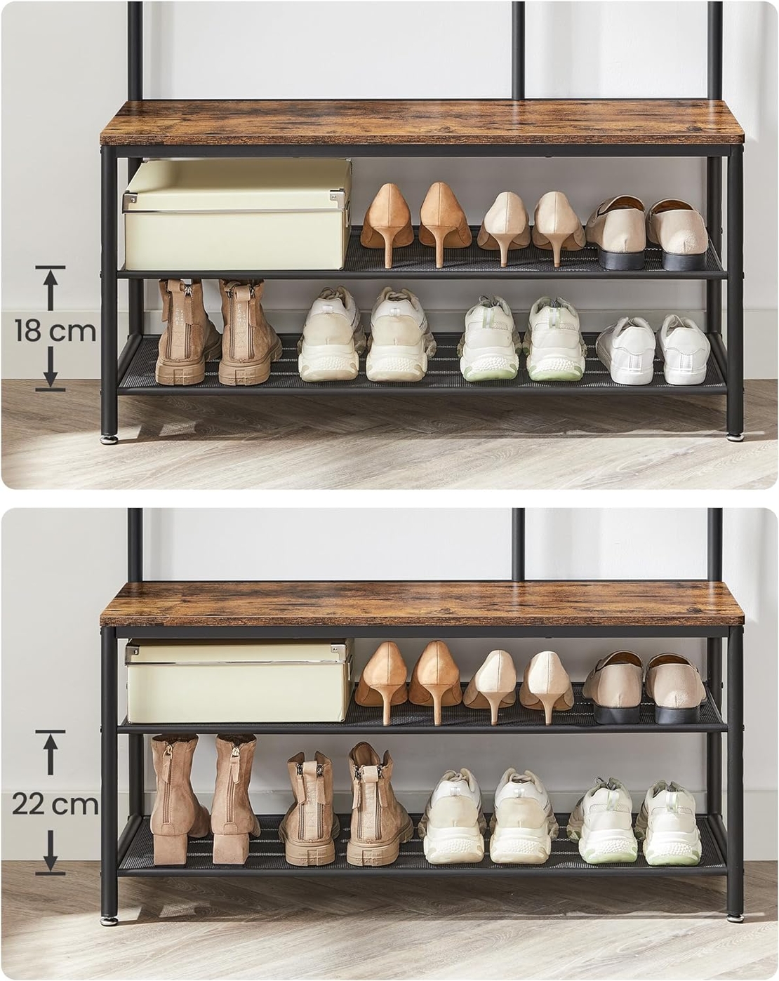 VASAGLE Cuier cu rafturi depozitare pantofi si ​​oglinda, industrial, 35x98x180 cm, maro rustic si negru