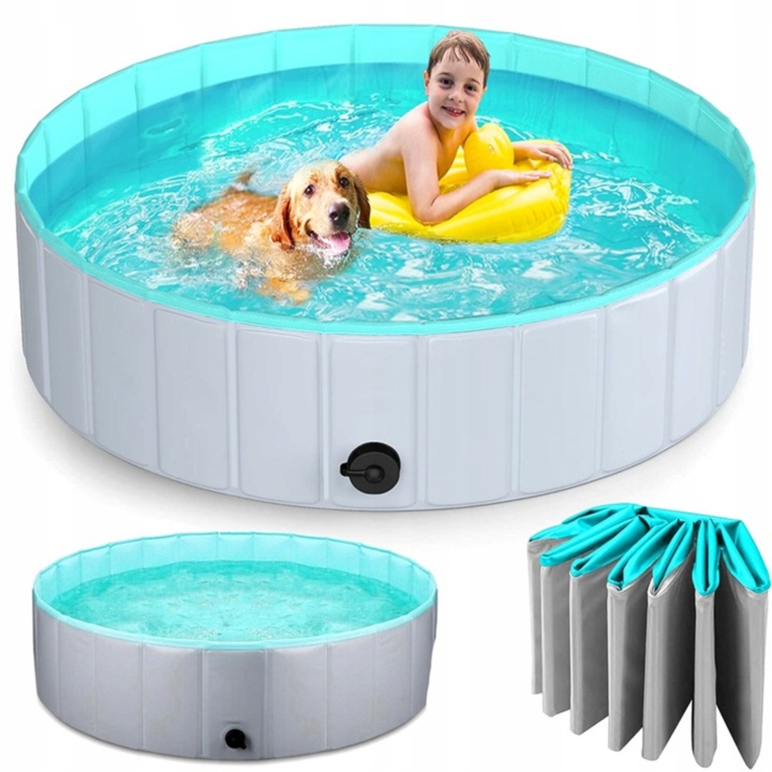 Piscina pliabila pentru caini si copii, pliere rapida, valva de scurgere, 160x30 cm, albastru