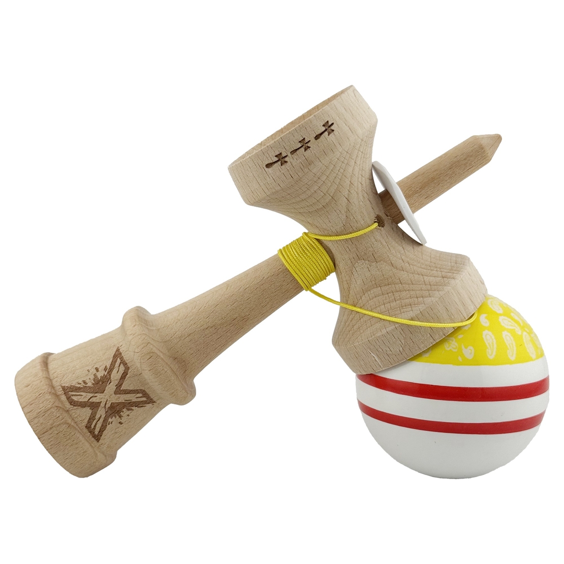 Kendama X Originala CHICANOS, Profesionala, Flippy, Cupe Mari KING SIZE V3, Super Sticky, Gaura in Baza, Rulment Metalic, din lemn 18 cm, Ata 62/65 cm, Galben/Alb