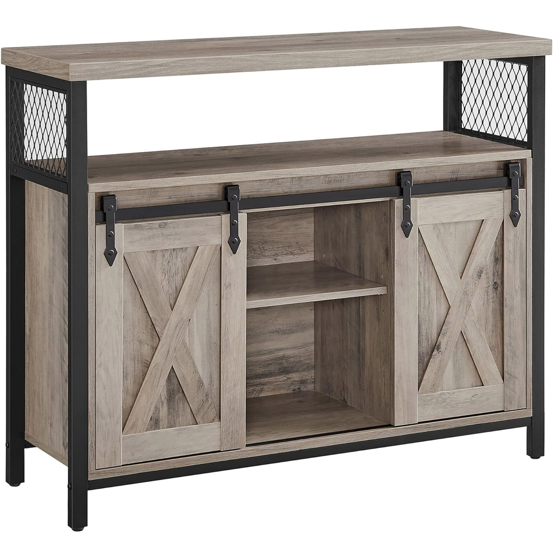VASAGLE Comoda pentru living sau bucatarie, cu 2 usi glisante, rafturi reglabile, stil rustic, 33x100x80cm, gri