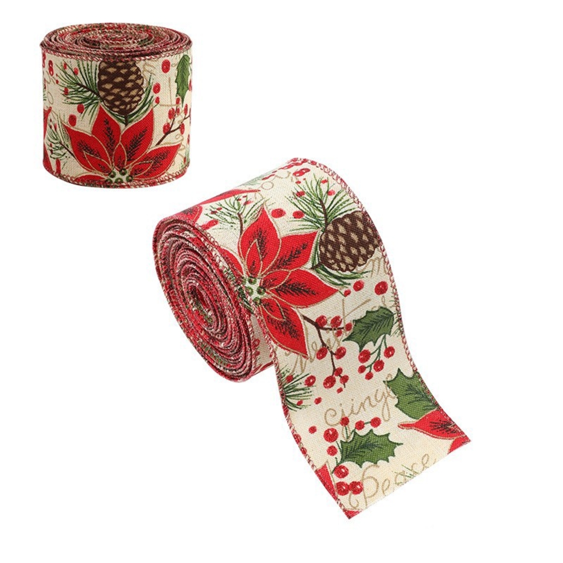 Panglica Decorativa pentru Craciun, Flippy, Ornament pentru Brad de Craciun, Pretreceri, Panglica cu Design Conuri si Floare Rosie, 200 x 6.3 cm, Khaki