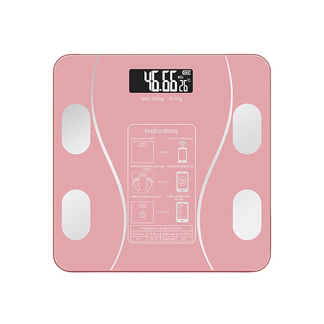 Cantar Electronic Inteligent De Baie Vafy Cu Aplicatie Smart, Corporal, Ecran Digital Iluminat, Termometru, Suporta Maxim 180 Kg, 26 x 26 cm, Baterii, Roz