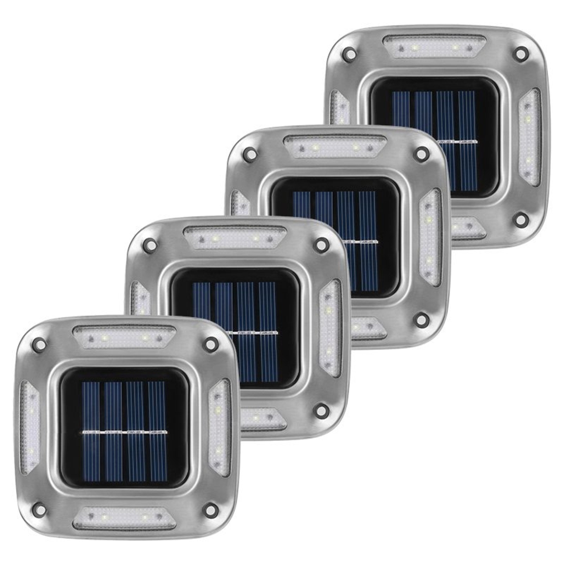 Lampa solara LED pentru gradina, Flippy, Set 4 Bucati, 8 LED-uri, Prindere de Perete / Impamantare, IP65, forma patrat, ABS si Policarbonat, 9 x 9 cm, baterie 1.2V, 600 mah, Alb Rece, Gri