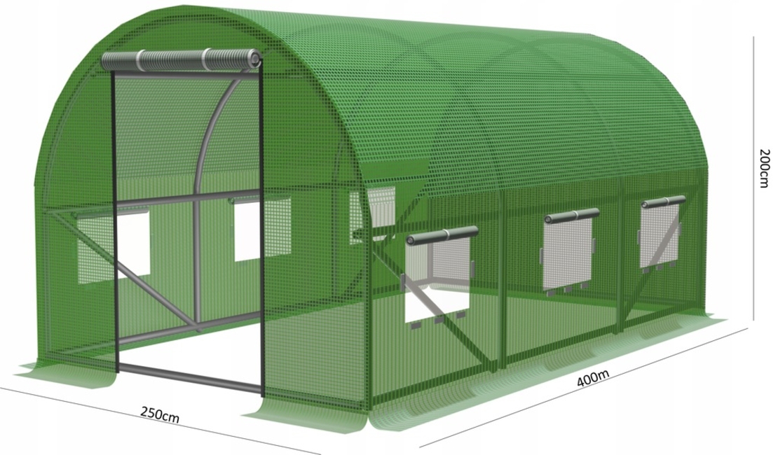 Folie armata pentru sera gradina 400x250 cm, verde, PE 140g/m², UV4, cu ferestre si usa cu fermoar
