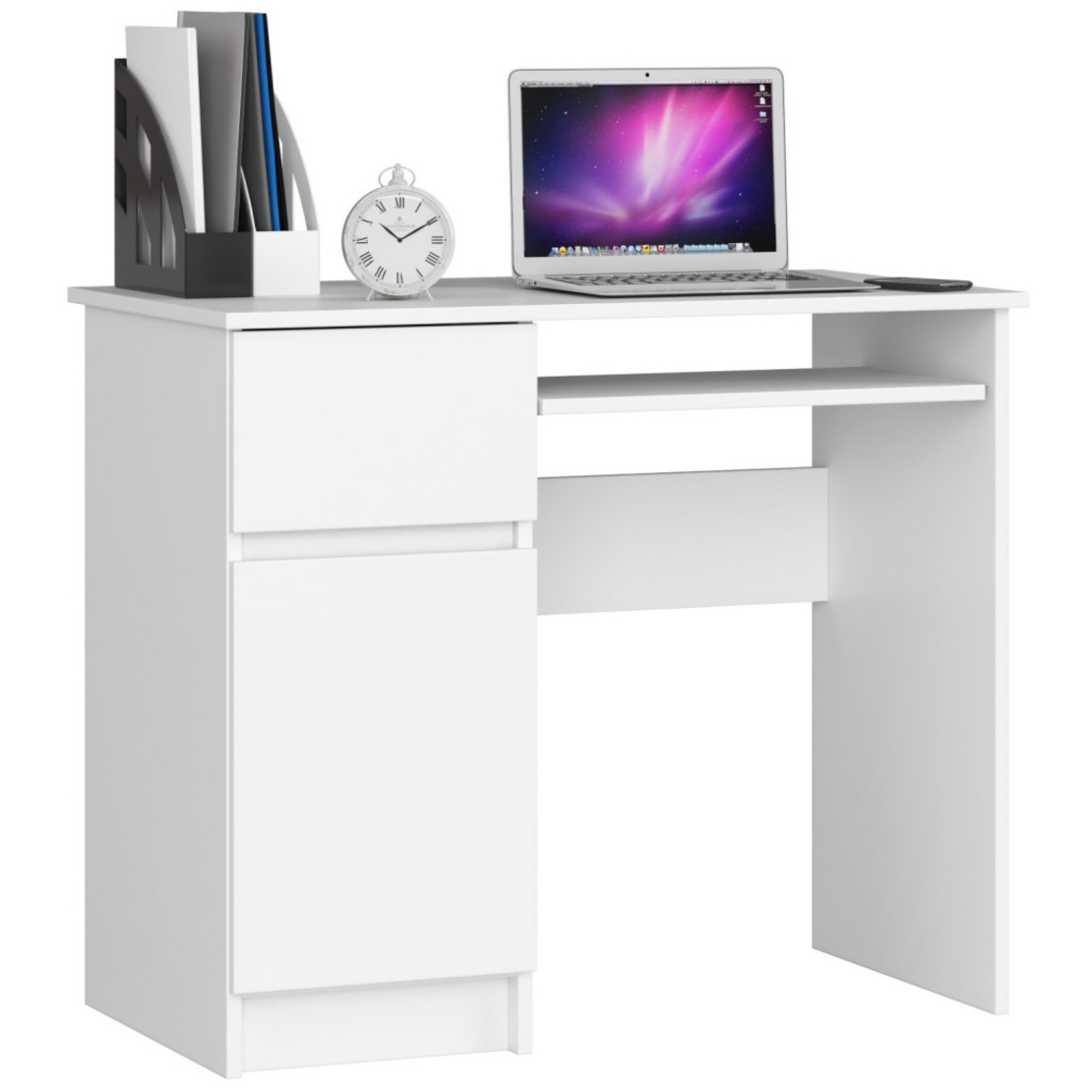 Birou computer PIKSEL, cu sertar, dulap si raft pentru tastatura, stanga, 90x50x77 cm, alb
