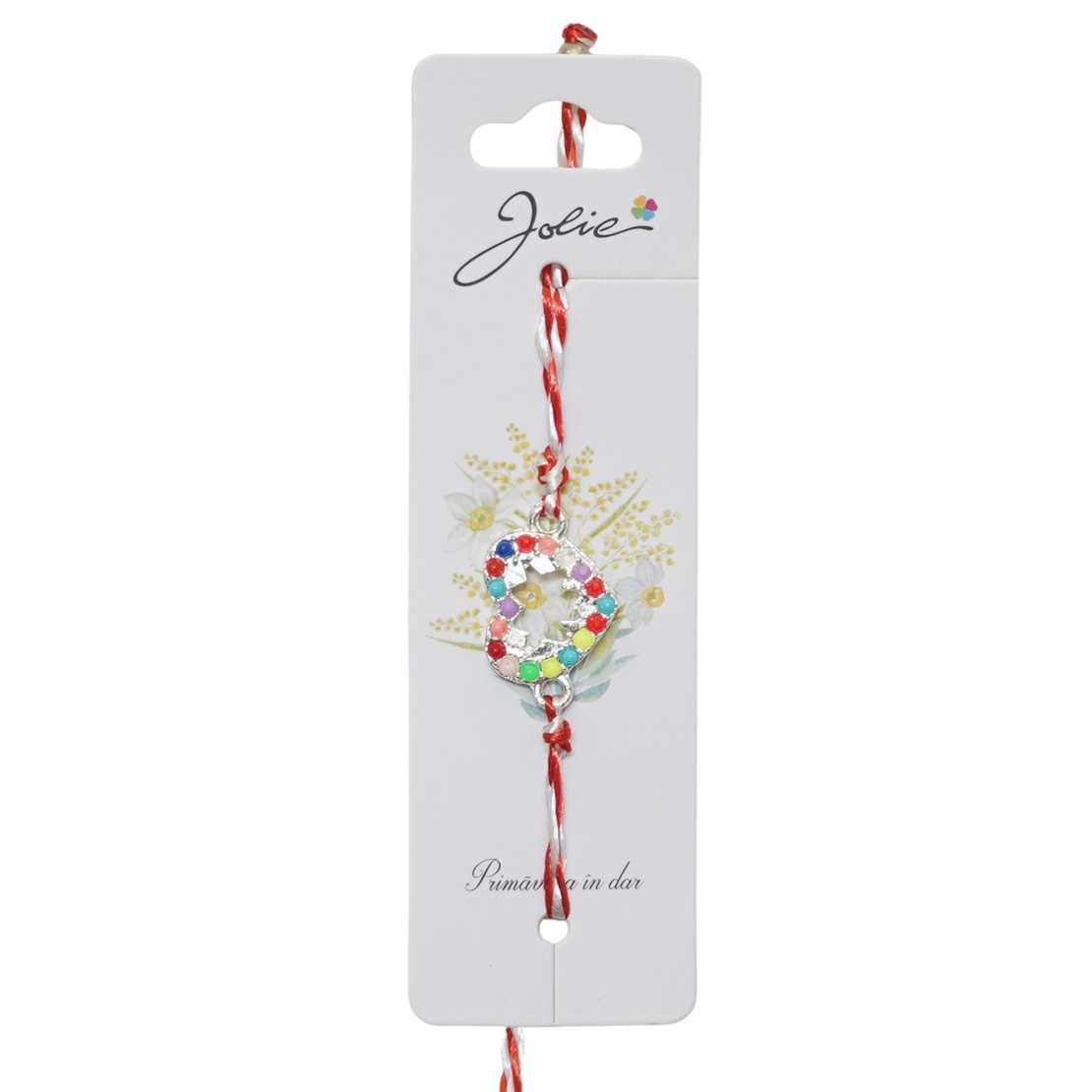 Martisor Bratara Snur Alb-Rosu, Jolie, Pandantiv Metalic, Model Inima Pietre