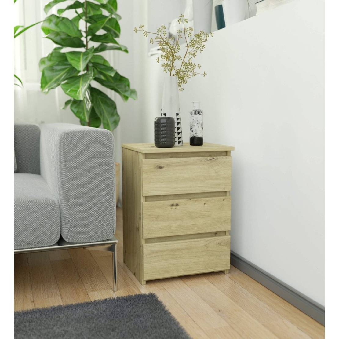Noptiera cu 3 sertare, PAL laminat 16 mm, 40x35x57 cm, stejar artisan