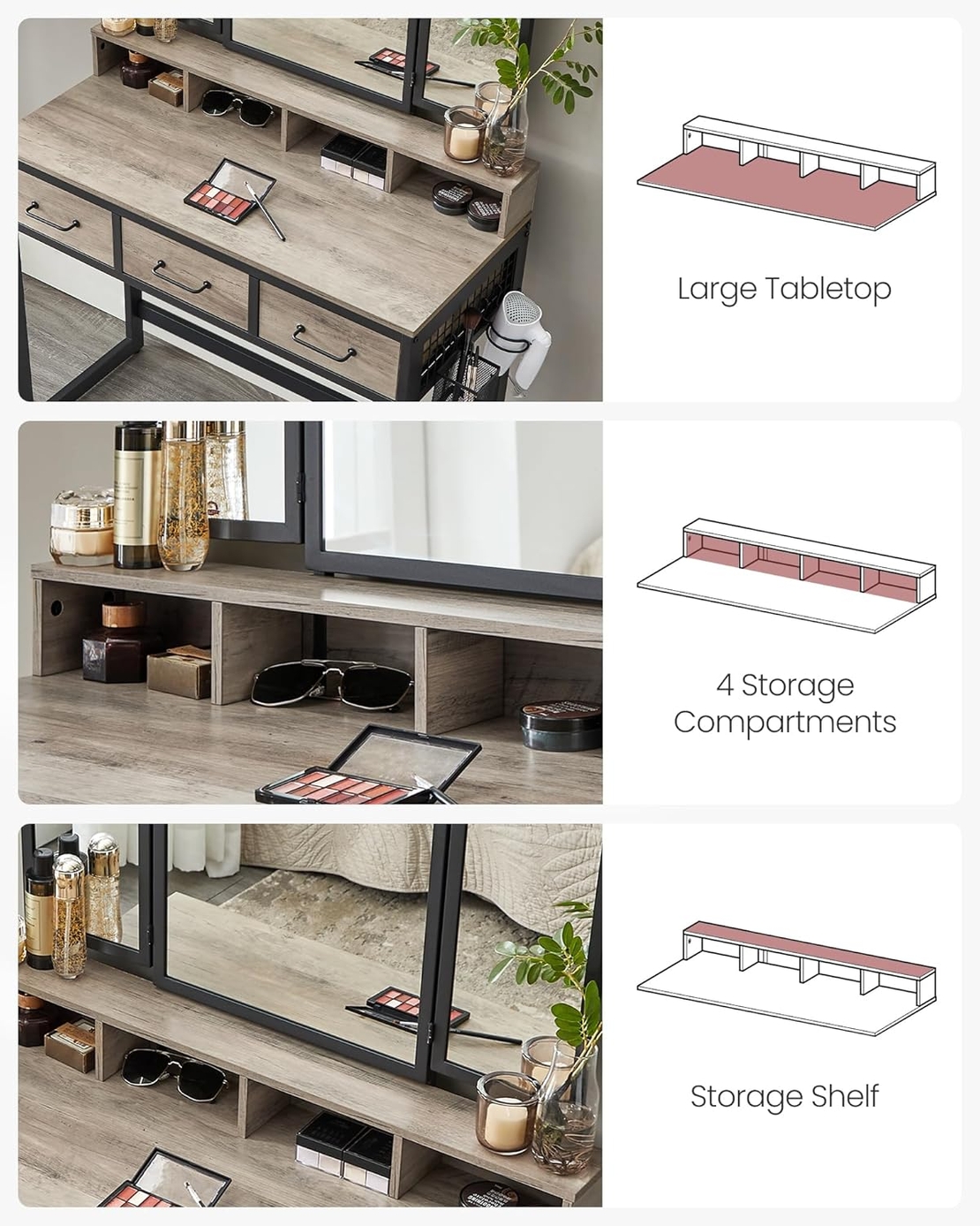VASAGLE Masuta toaleta 90x40x141 cm, cu 3 sertare, oglinda tripla si taburet, lemn si otel, gri si negru