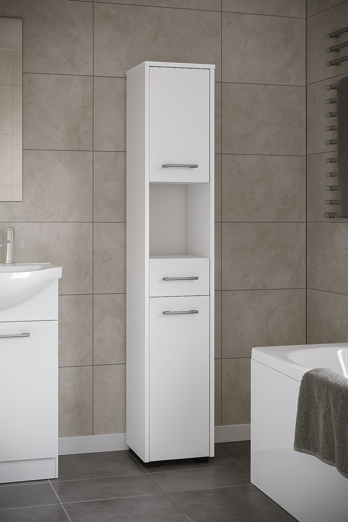Dulap baie tip coloana cu 2 usi, 1 sertar si rafturi interioare, PAL laminat, 30x30x140 cm, alb