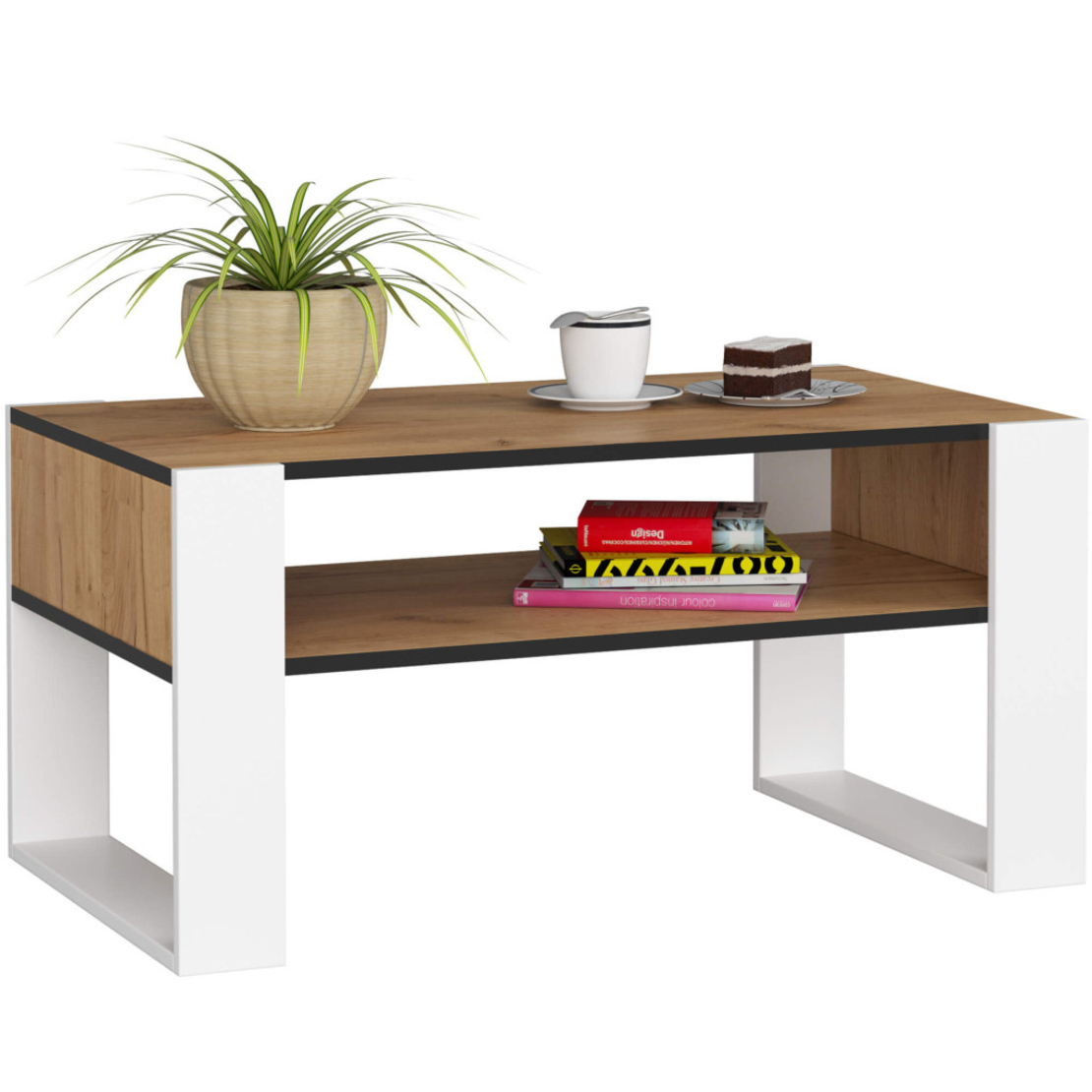 Masuta de cafea Domi cu raft inferior, blat laminat, 92x50x45 cm, stejar craft si alb