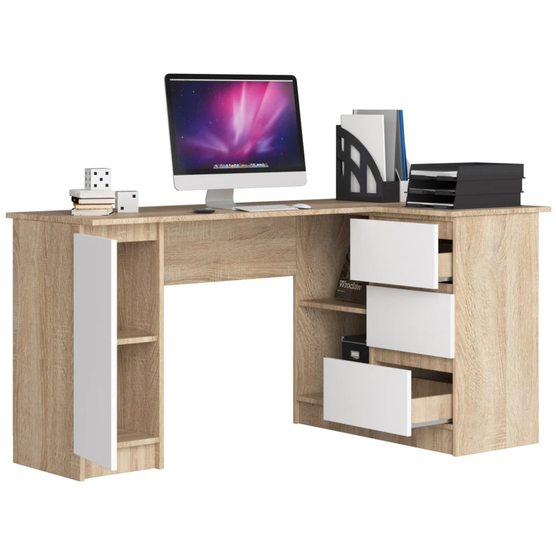Birou colt dreapta in L cu 3 sertare si rafturi, PAL laminat 16 mm, 155x85x77 cm, stejar sonoma si alb