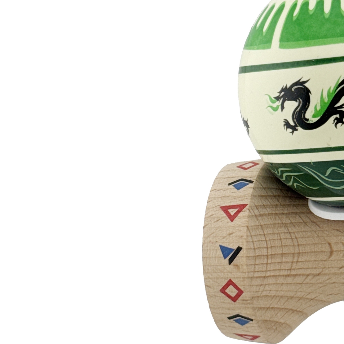 Kendama X Originala, Profesionala, Flippy, DRAGON Series, Super Sticky cu Cupe Mari King Size V3, Rulment Metalic si Gaura in Baza, din Lemn 18 cm, Ata 62/65 cm, Verde deschis/Negru