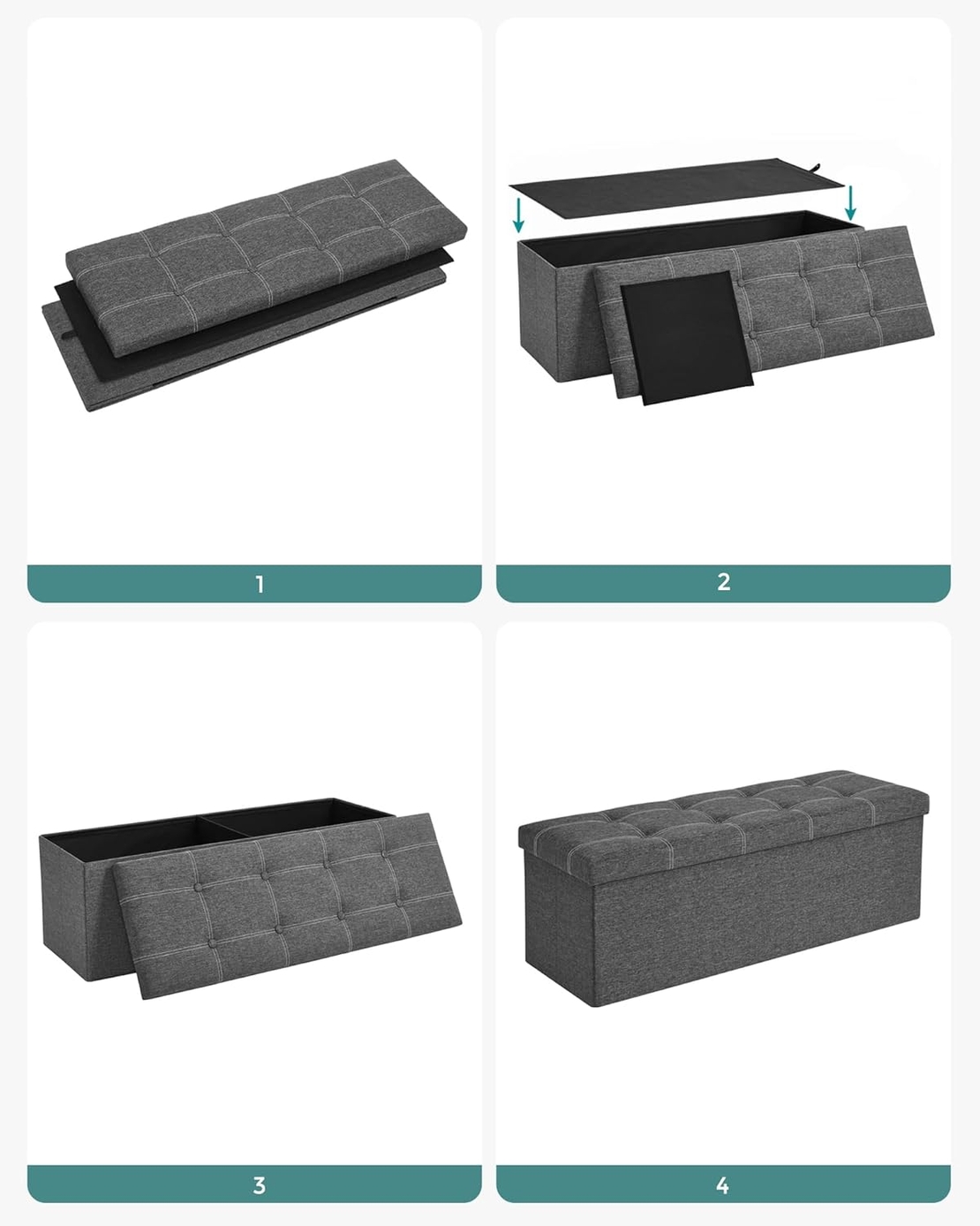 SONGMICS Bancheta pliabila cu spatiu de depozitare 110x38x38 cm, MDF si material textil, capacitate 300 kg, gri inchis