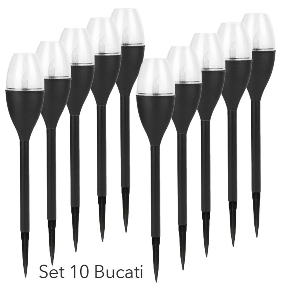Lampa solara LED pentru gradina, Flippy, Set 10 Bucati, Tip Pahar de Vin, Inaltime 37.5 cm, efect de flacara, PVC si ABS, 2V, 200mAh, Lumina Alb Cald, Negru