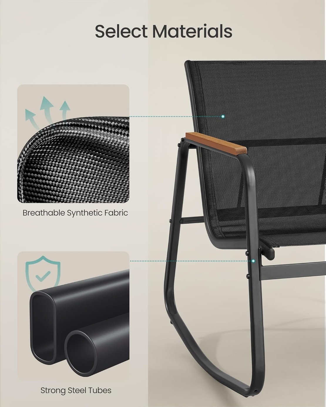 SONGMICS Set mobilier gradina cu 2 scaune balansoar si masa, cadru metalic, negru