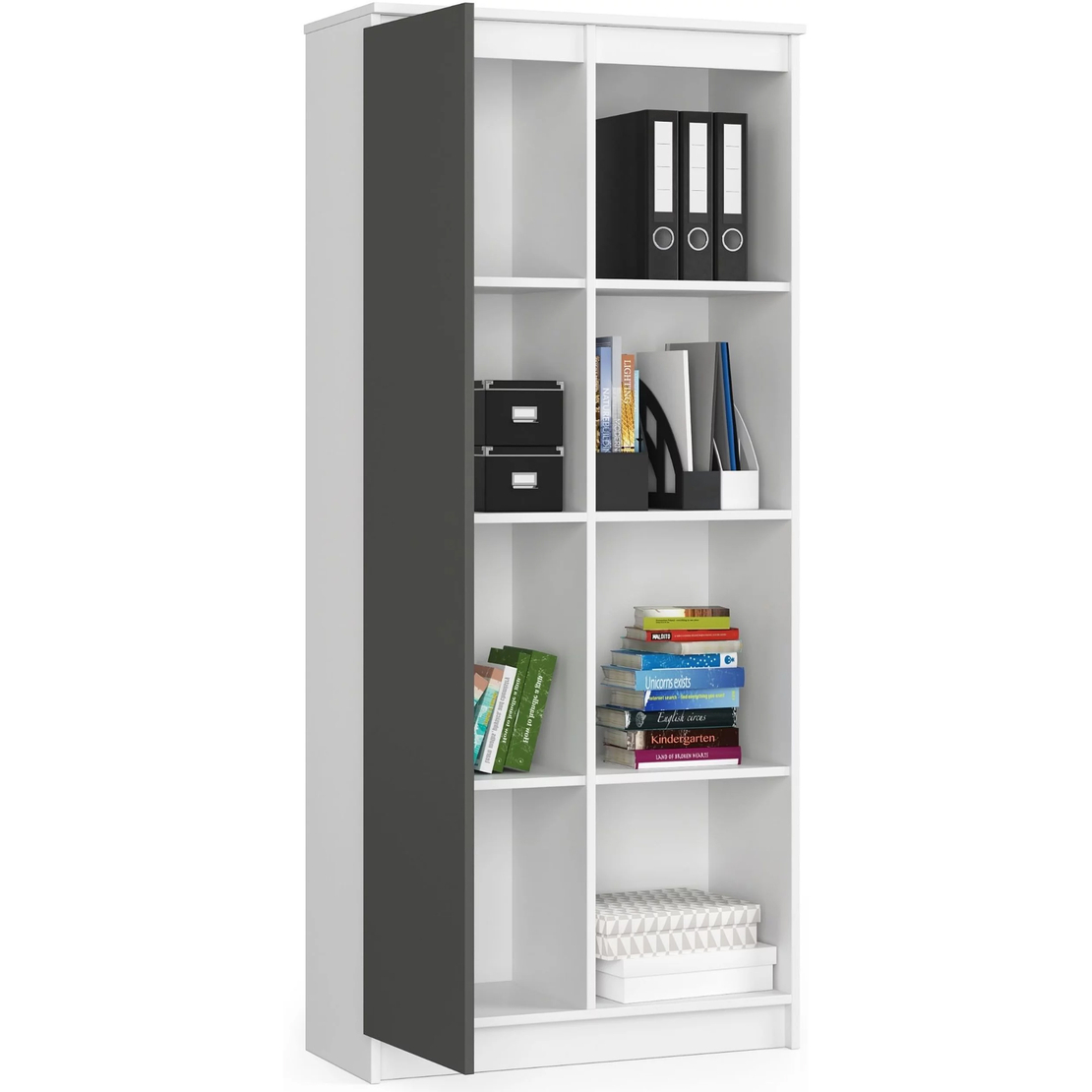 Dulap cu usa si 8 etajere, PAL laminat 16 mm, 80x35x180 cm, alb si gri
