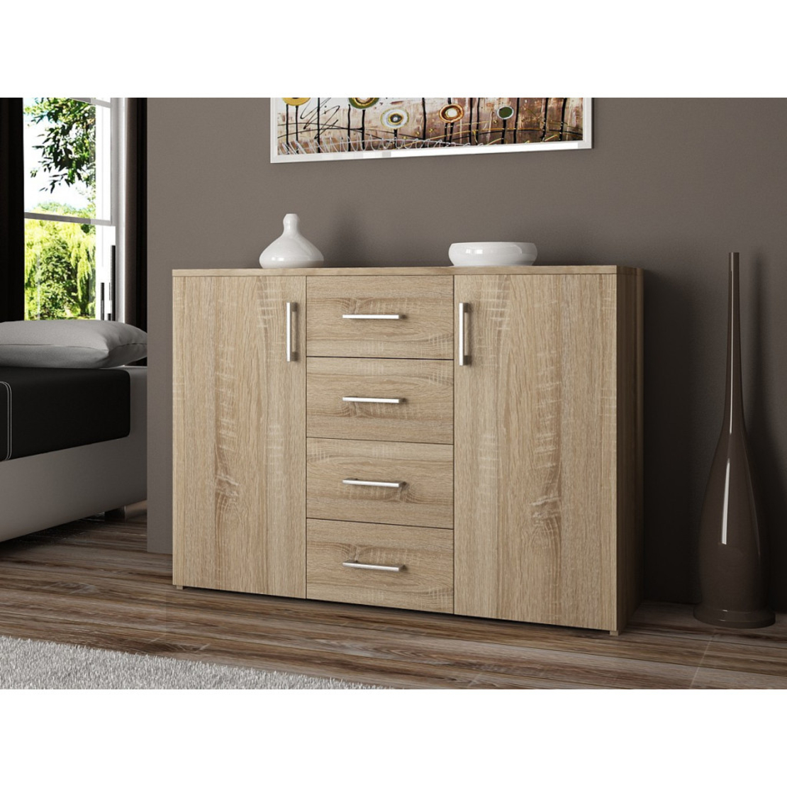 Comoda cu 4 sertare si 2 usi, PAL laminat, 110x35x80 cm, stejar sonoma