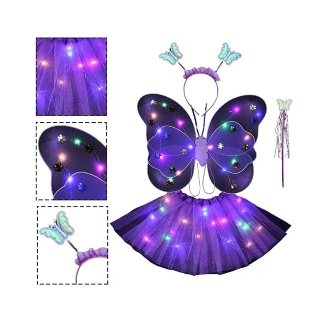 Costum Fluturas cu Aripi Modelabile Luminoase pentru Copii, Flippy, Fusta din Tul cu Lumini, Bagheta si Bentita, 4 piese, Pentru Halloween, Roleplay, Craciun, Carnaval, Paste, Ziua Copilului, Bumbac/Poliester, Marime universala, Mov