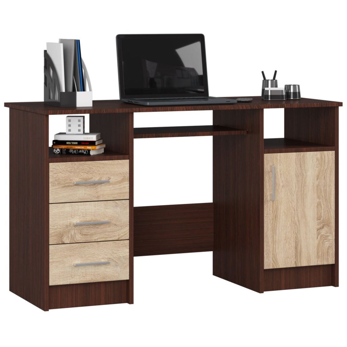 Birou ANA pentru calculator, cu 3 sertare si 1 usa, 124x52x74 cm, maro wenge si stejar sonoma