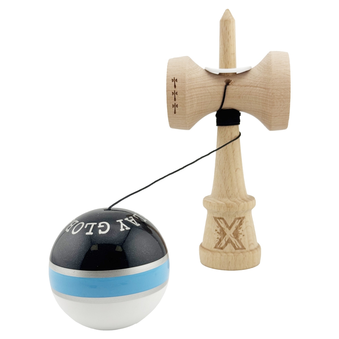 Kendama X Originala ROYAL SPIKE, Profesionala, Flippy, Cupe Mari KING SIZE V3, Super Sticky, Gaura in Baza, Rulment Metalic, din lemn 18 cm, Ata 62/65 cm, Inel Albastru deschis