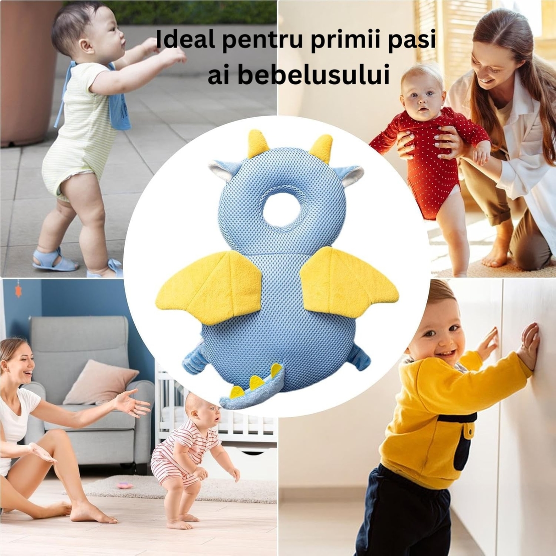 Perna tip Rucsac pentru Protectia Capului, Vafy, Tetiera tip Dragon, pentru Bebelusi, Design tip Plasa, 33x6x19 cm, 180 g, Albastru