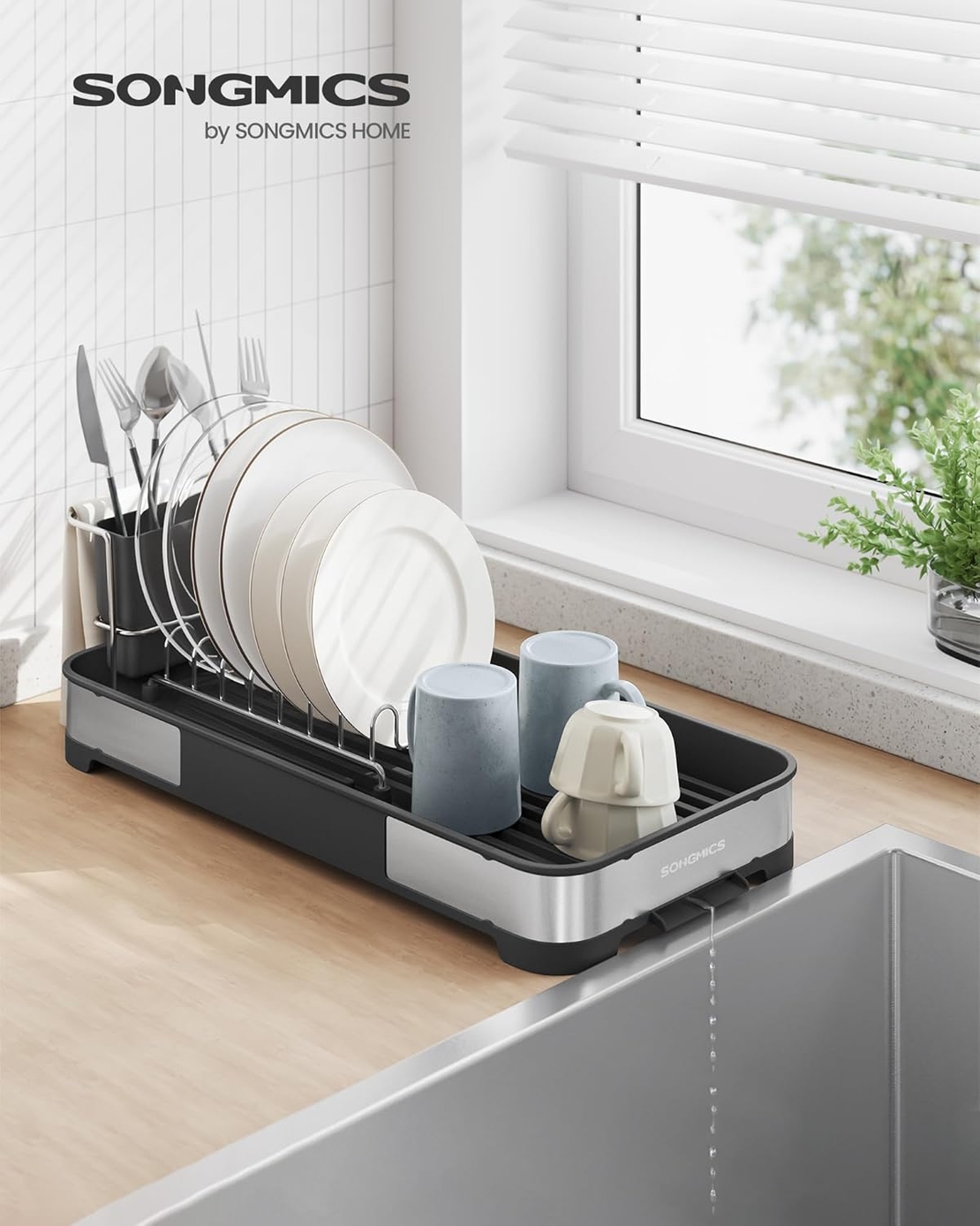 SONGMICS Uscator de vase si tacamuri, din inox, suport pentru tacamuri si sistem de scurgere, 21x45x13 cm