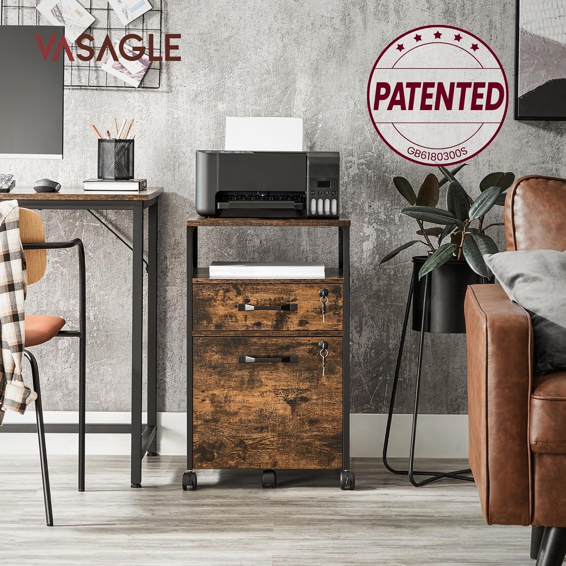VASAGLE Dulap mobil 42x44x69 cm, cu 2 sertare si roti cu frana, compartiment deschis si suport dosare, PAL si otel, maro rustic si negru