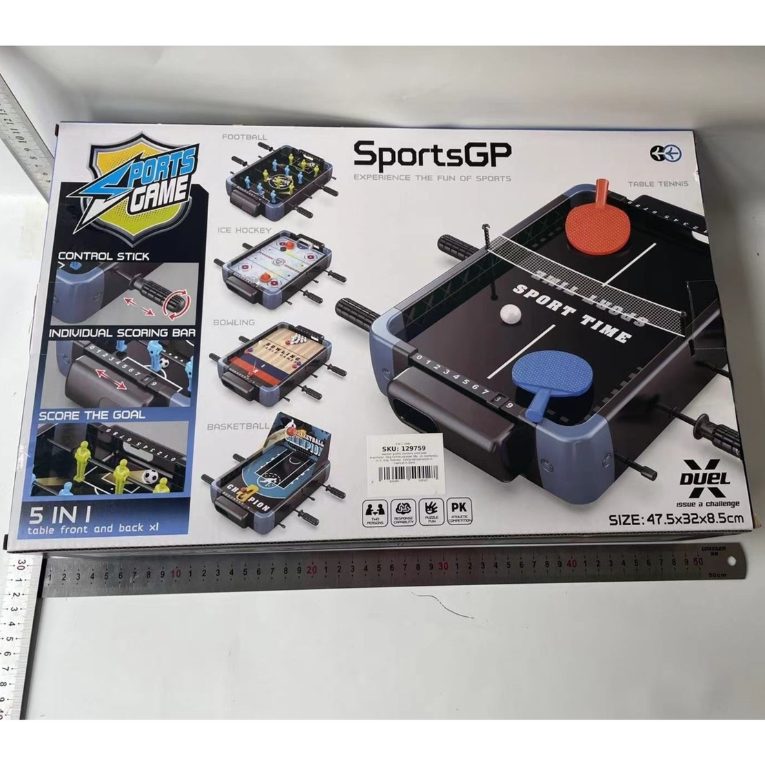 Masa de Joc 5in1 Flippy, cu Teren Schimbabil de Fotbal, Basket, Bowling, Curling si Hockey, cu Tablou Scor, din ABS, 47.5x32x8.5 cm, Design Multicolor, pentru Copii/ Adulti