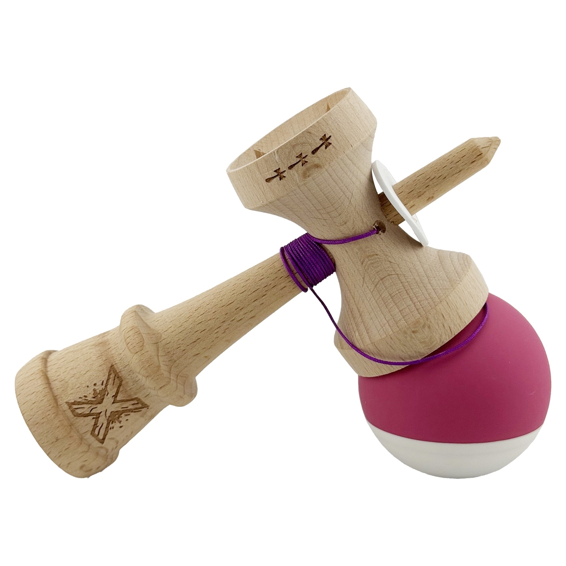 Kendama X Originala, Profesionala, Flippy, Rubber Grip, Cupe Mari KING SIZE V3, Gaura in Baza, Rulment Metalic, din lemn 18 cm, Ata 62/65 cm, Bicolor Roz inchis/Alb